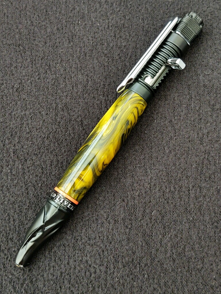 This Silver Banana Polyester Motorcycle Pen with Black & Chrome Hardware is made with love by Blackbear Designs! Shop more unique gift ideas today with Spots Initiatives, the best way to support creators.