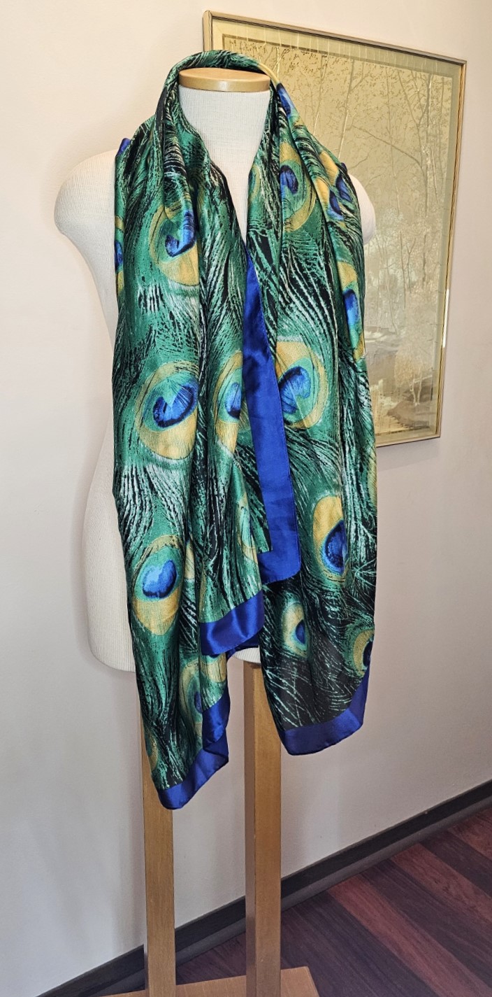 This Modern Shawl Wrap / Scarf / Beachwear /Sarong - Peacock Feathers Print - Washable Silk - 35" x 72" is made with love by The Creative Soul Sisters! Shop more unique gift ideas today with Spots Initiatives, the best way to support creators.