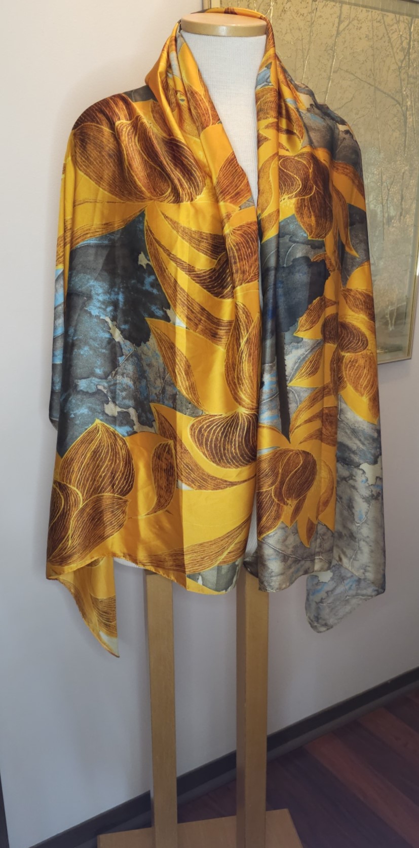 This Modern Shawl Wrap / Scarf / Beachwear/ Sarong Cover-up - Sunflowers and Teal - Polyester Silk Blend - 35" x 72" is made with love by The Creative Soul Sisters! Shop more unique gift ideas today with Spots Initiatives, the best way to support creators.