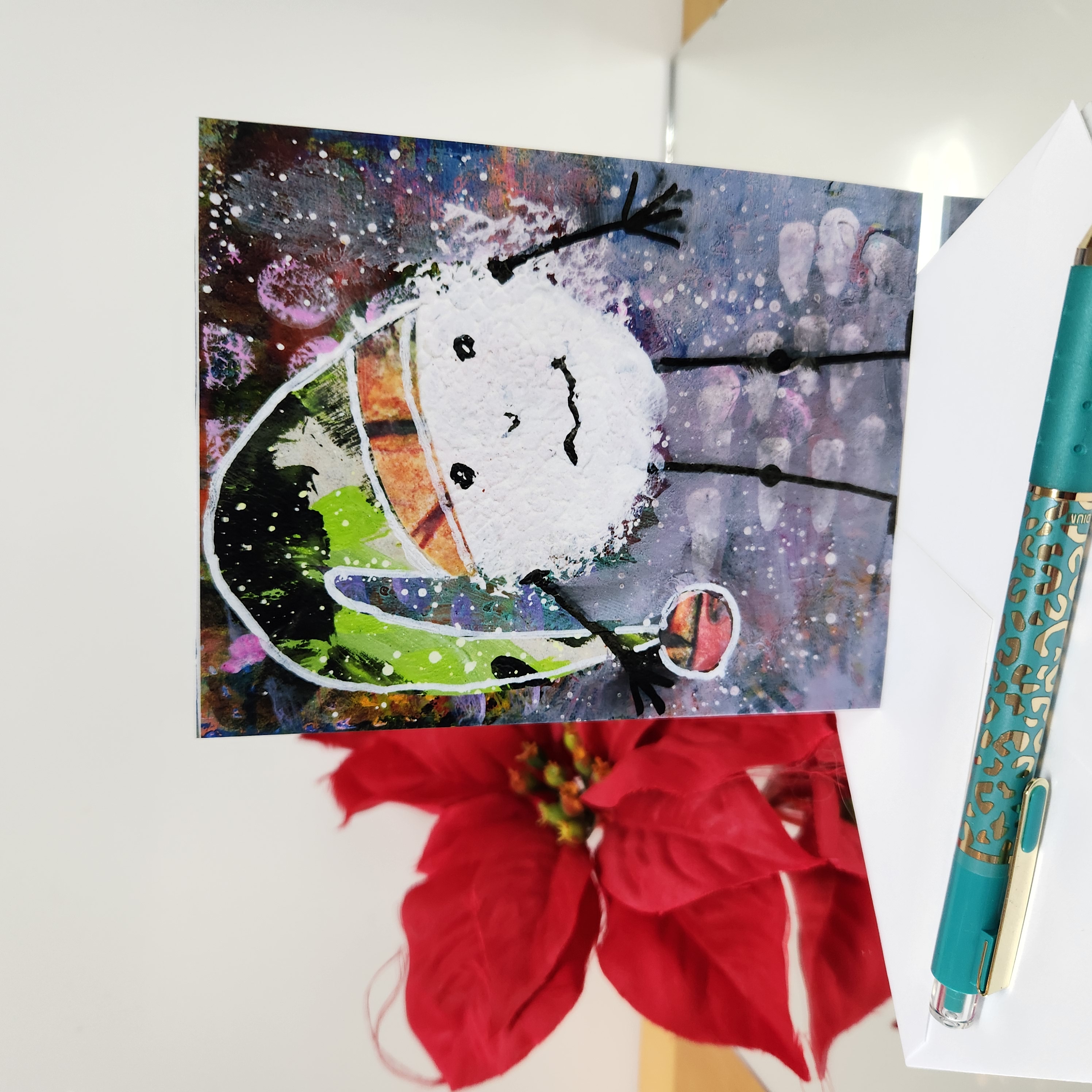 Melvin - A2 size greeting  card with snowman artwork on the front. Patty Donahue artist