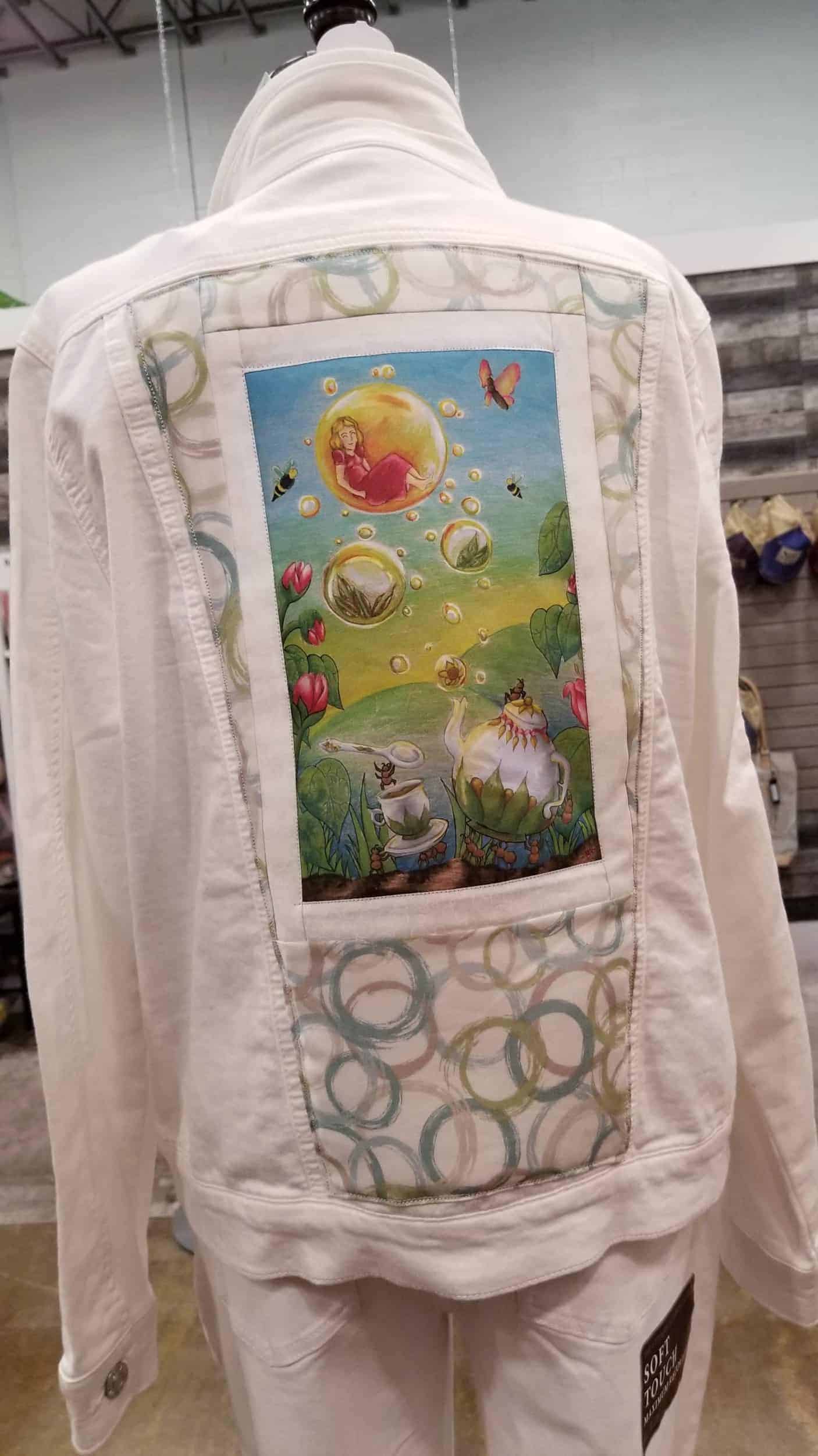 This NEW Upcycled Quilted White Jean Jacket "Bubble Garden" - Large - One of a kind artwork is made with love by The Creative Soul Sisters! Shop more unique gift ideas today with Spots Initiatives, the best way to support creators.