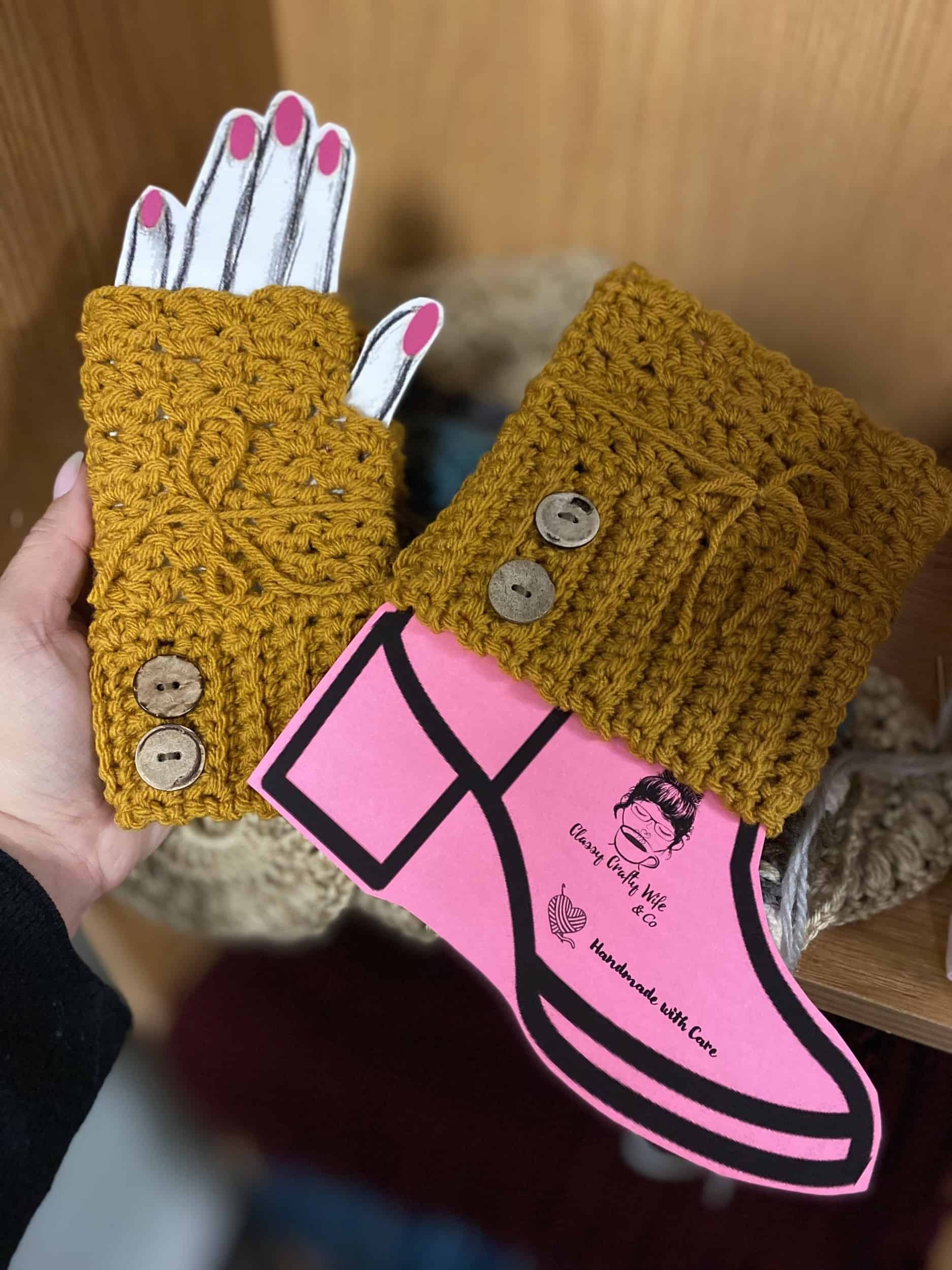 This Fingerless Gloves & Cuff Boot Set is made with love by Classy Crafty Wife! Shop more unique gift ideas today with Spots Initiatives, the best way to support creators.