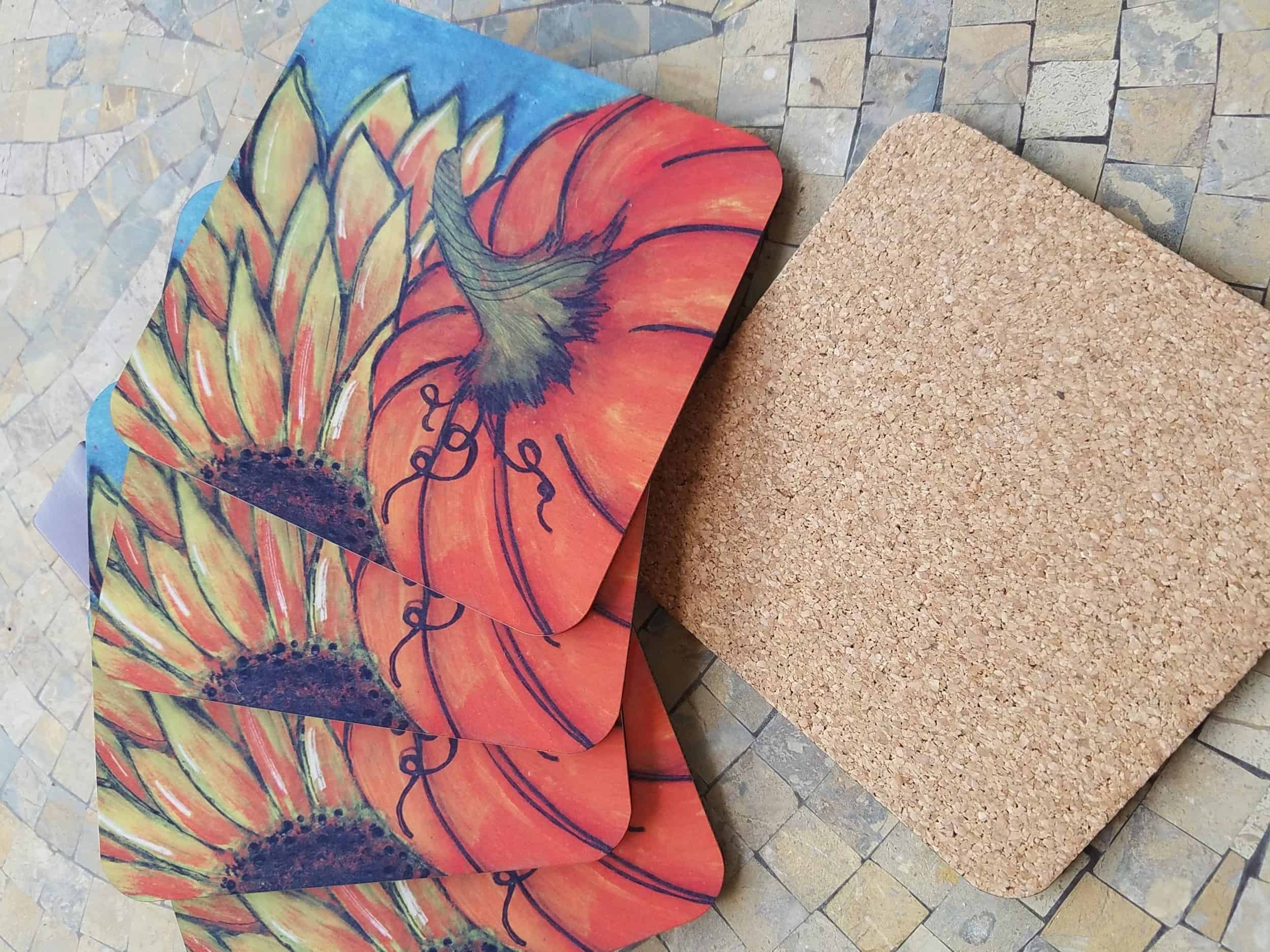 This Harvest Pumpkin & Sunflower Cork Back Coaster Set of 4 is made with love by Studio Patty D! Shop more unique gift ideas today with Spots Initiatives, the best way to support creators.