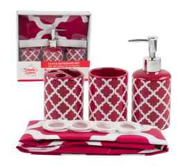 This Raspberry Red Bathroom Set Toothbrush Holder Soap Dispenser Shower Curtain is made with love by Premier Homegoods! Shop more unique gift ideas today with Spots Initiatives, the best way to support creators.