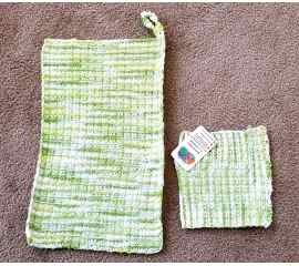 This Hand Knitted Cotton Towel and Dishcloth  in Lemon/Lime - 2 piece set is made with love by The Creative Soul Sisters! Shop more unique gift ideas today with Spots Initiatives, the best way to support creators.