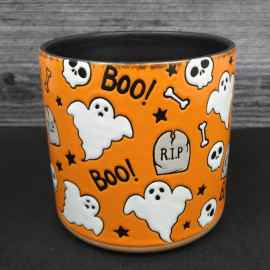 This Halloween Ghost Canister Orange and Black 4" Jar by Blue Sky Clayworks is made with love by Premier Homegoods! Shop more unique gift ideas today with Spots Initiatives, the best way to support creators.