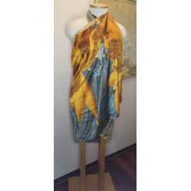 This Modern Shawl Wrap / Scarf / Beachwear/ Sarong Cover-up - Sunflowers and Teal - Polyester Silk Blend - 35" x 72" is made with love by The Creative Soul Sisters! Shop more unique gift ideas today with Spots Initiatives, the best way to support creators.