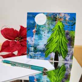 Behold - 6x6 winter greeting card with a moonlit pine tree on the front. Patty Donahue artist