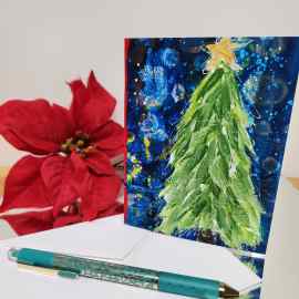 Silent Night - A2 size holiday greeting card with pine tree artwork on the front. Patty Donahue artist